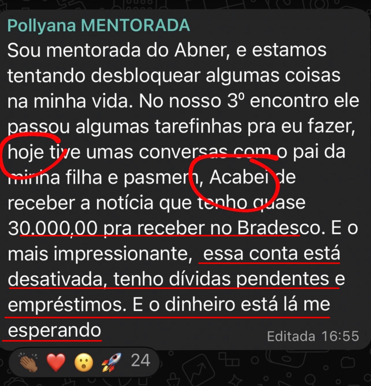 Depoimento de Pollyana sobre valor financeiro liberado após direcionamento