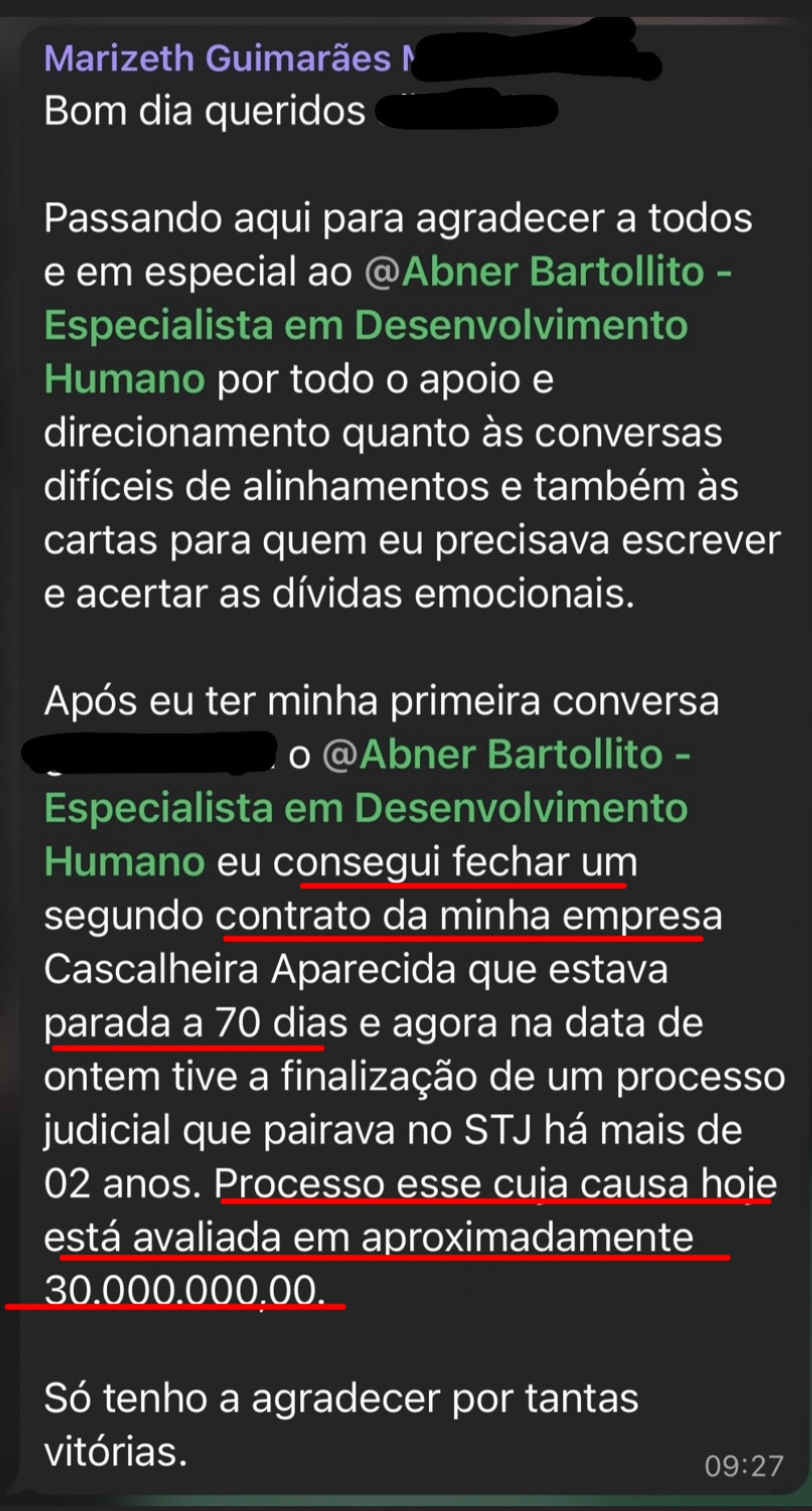 Depoimento de Marizeth sobre os resultados após o direcionamento do Abner